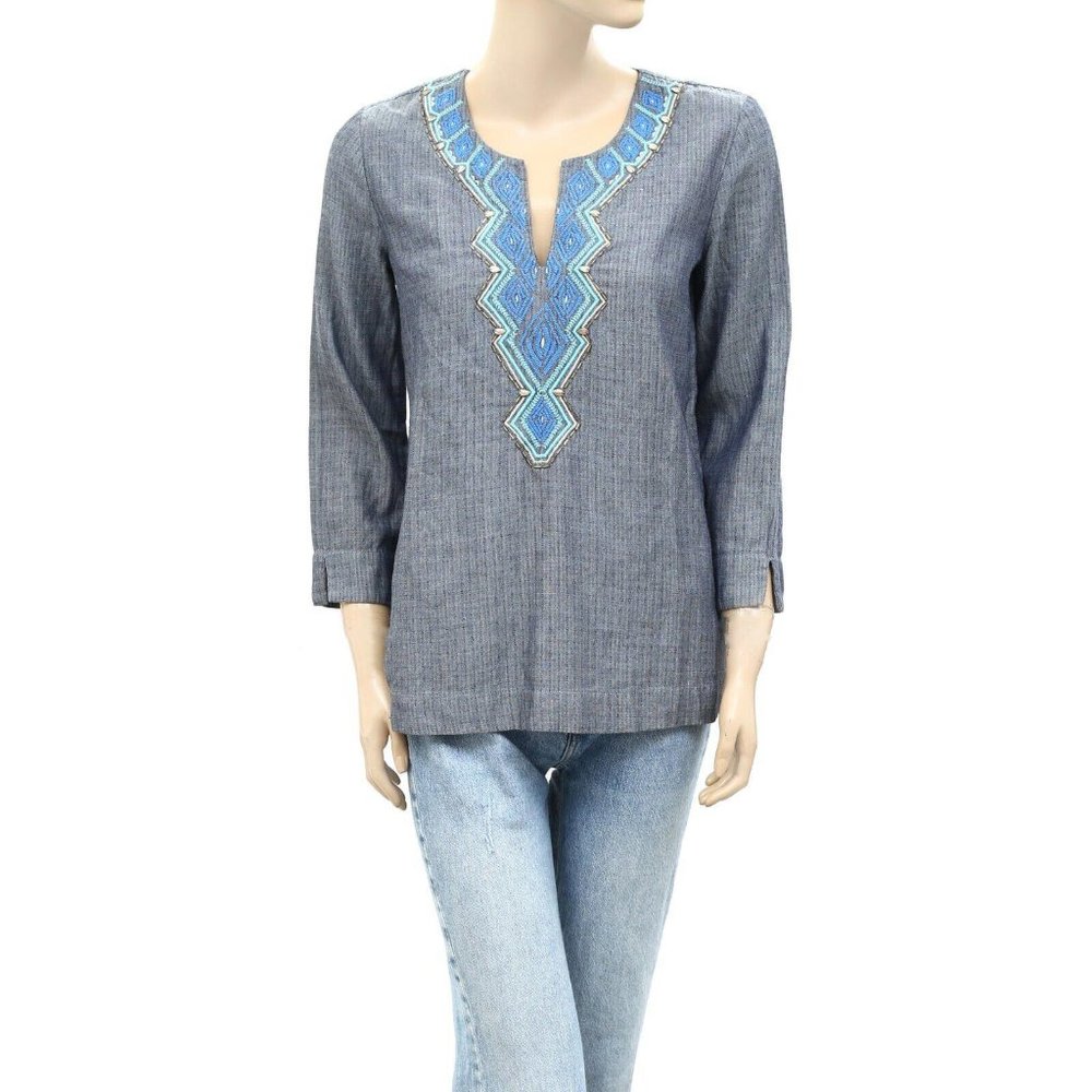 Lilly Pulitzer Amelia Island Tunic Top Beaded Embroidered Gray Resort S  254230